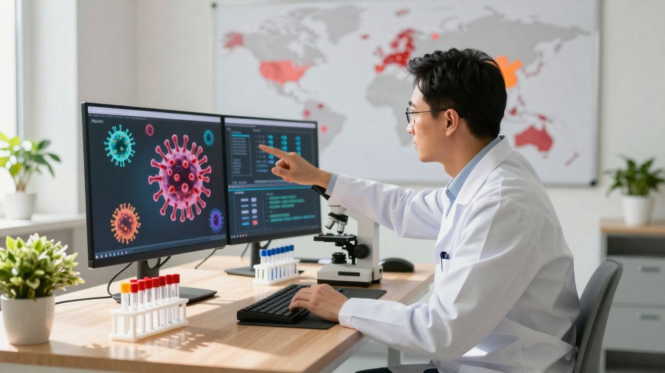 Cientista analisa dados sobre vírus em computadores com microscópio e tubos de ensaio numa sala de laboratório moderno.