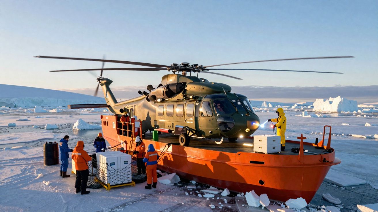Helicóptero verde em barco laranja rodeado por gelo, com pessoas a movimentar caixas em roupa térmica colorida.