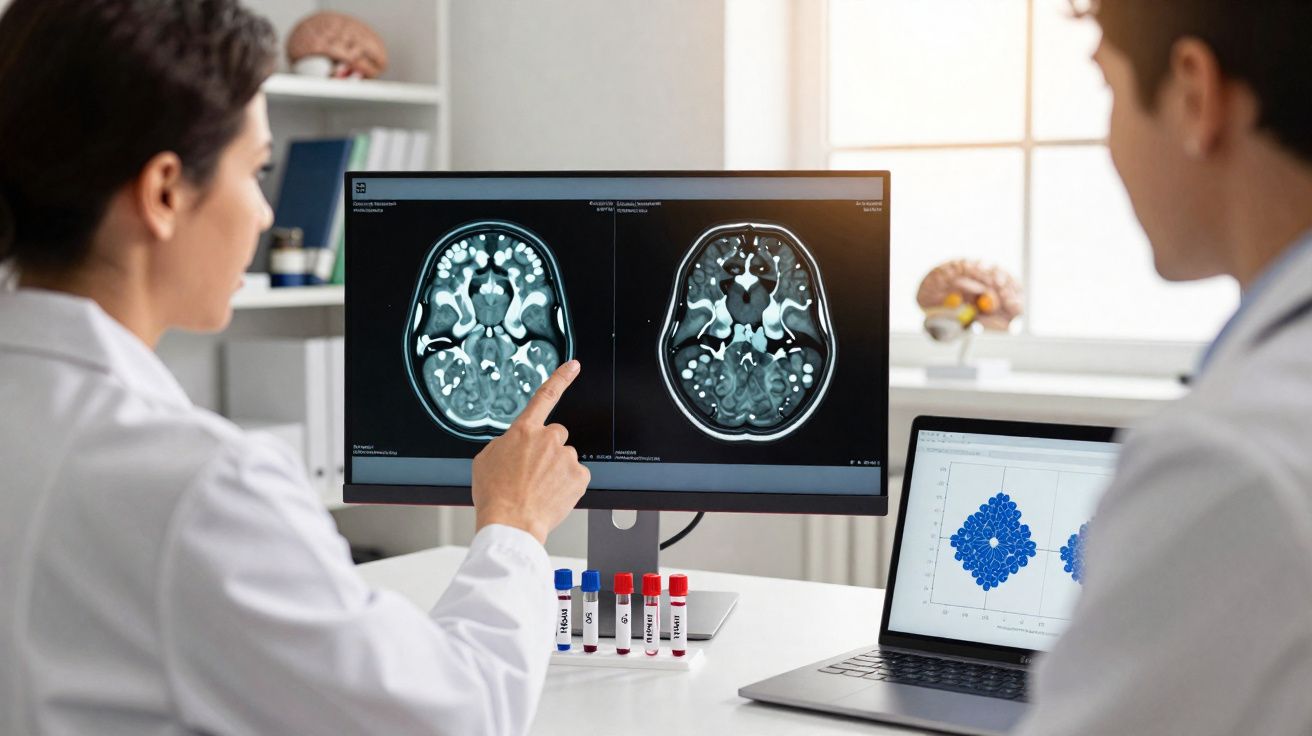 Dois médicos analisam imagens de ressonância magnética do cérebro num ecrã de computador numa consulta médica.