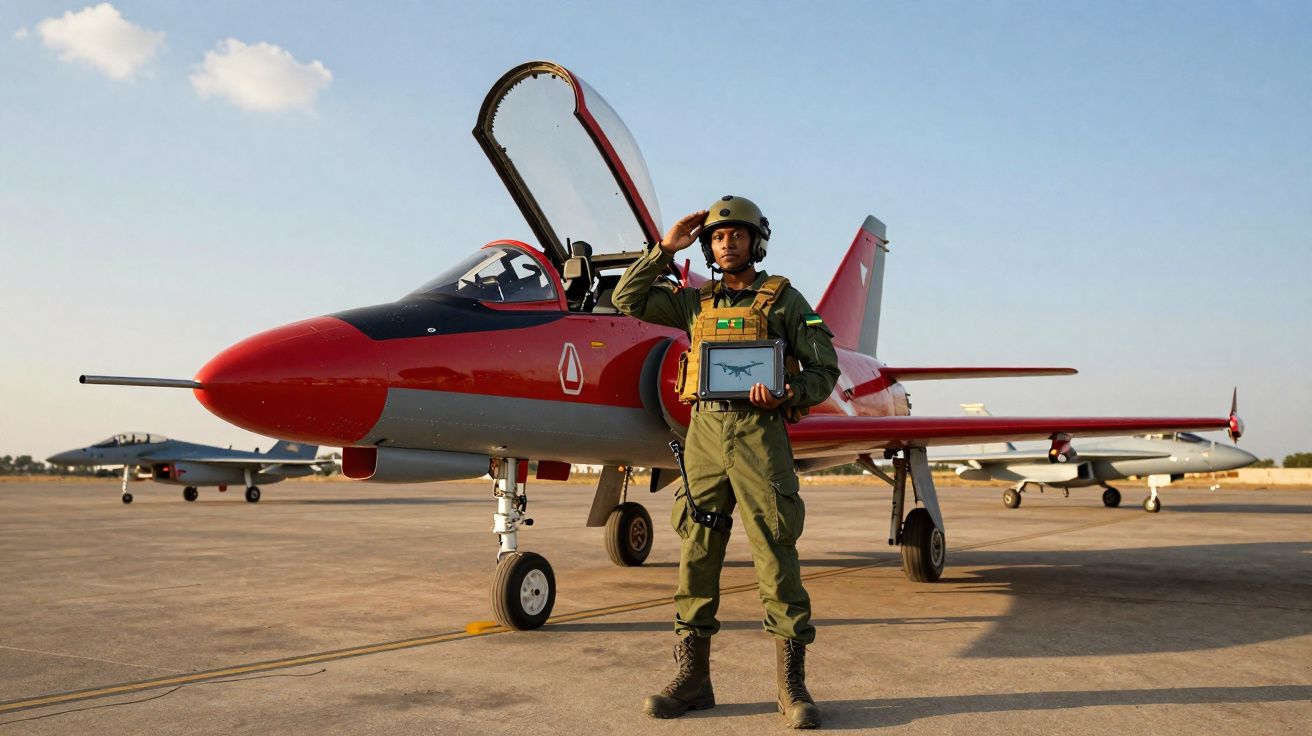 Piloto militar em fato de voo verde faz continência junto a jato vermelho estacionado num aeródromo.