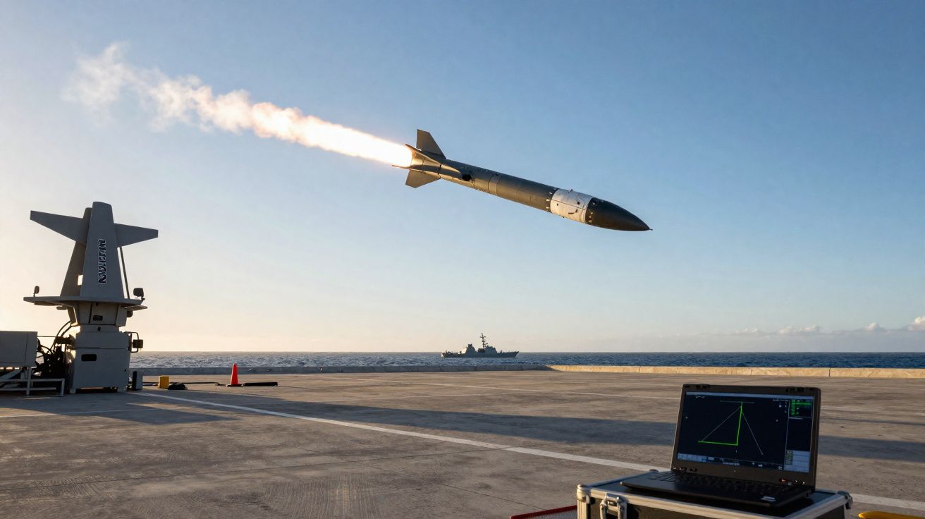 Míssil a ser lançado de uma plataforma naval junto ao mar, com um navio ao fundo e um portátil a monitorizar.