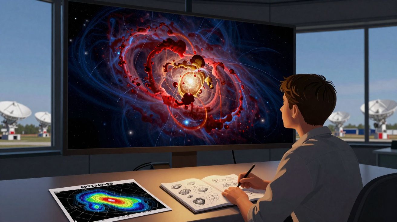 Pessoa a desenhar conceitos científicos enquanto observa uma representação visual de uma galáxia no ecrã.