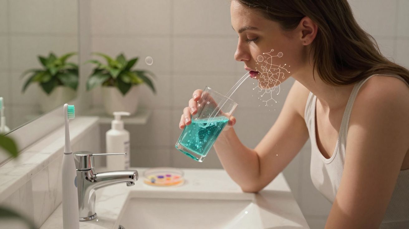 Mulher a bochechar com líquido azul num copo, ao lado de uma escova de dentes elétrica na casa de banho.