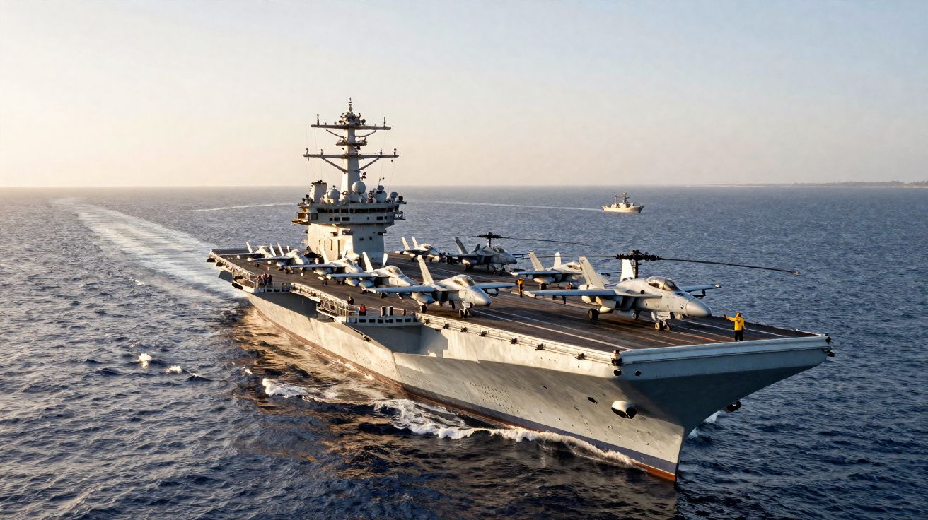 Porta-aviões com várias aeronaves na pista de voo, navegando em mar aberto ao entardecer.