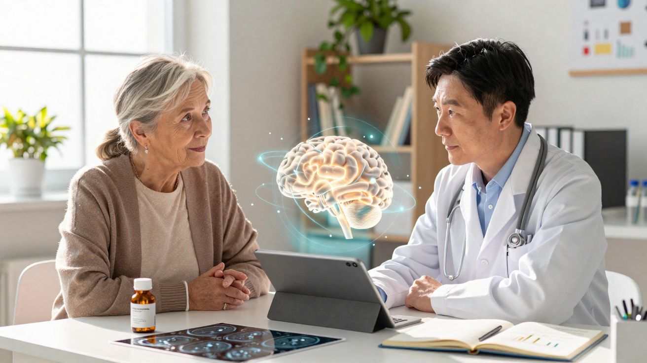 Médico consulta paciente idosa sobre saúde cerebral com tablet e imagens médicas numa clínica moderna.