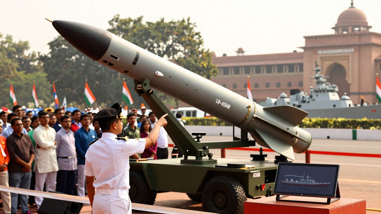 Oficial militar em uniforme branco aponta para míssil exposto em evento ao ar livre com público e bandeiras da Índia.