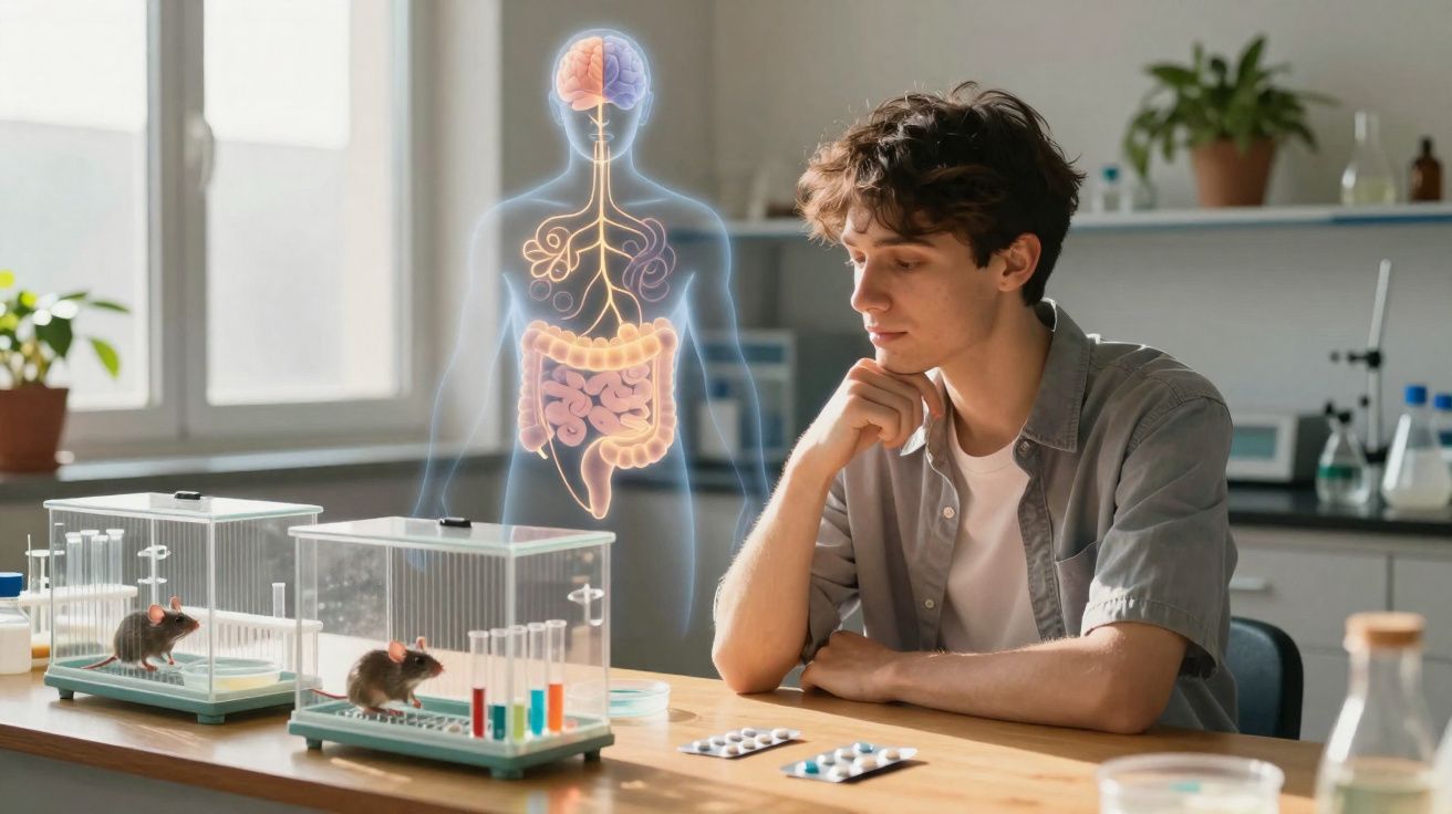 Jovem cientista observa ratos em jaulas com representação holográfica do cérebro e sistema digestivo.