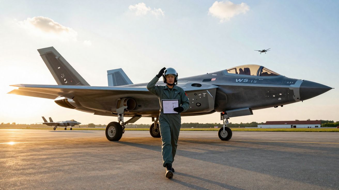Piloto militar de uniforme e capacete faz continência ao lado de caça F-35 na pista ao pôr do sol.