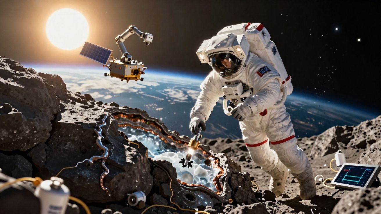 Astronauta em fato espacial a estudar amostra luminosa numa rocha na superfície lunar com Terra e robô ao fundo.