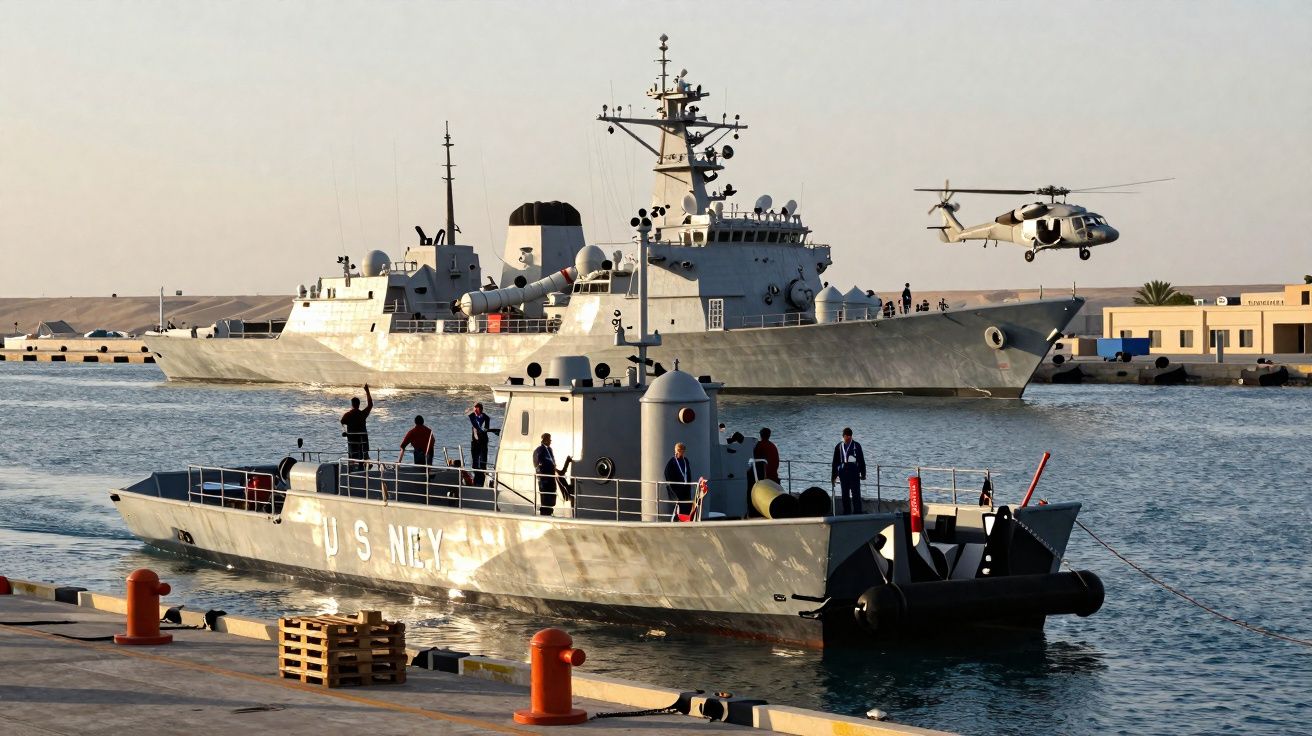 Navios militares e helicóptero em cais com tripulantes a bordo em ambiente de porto ao pôr do sol.