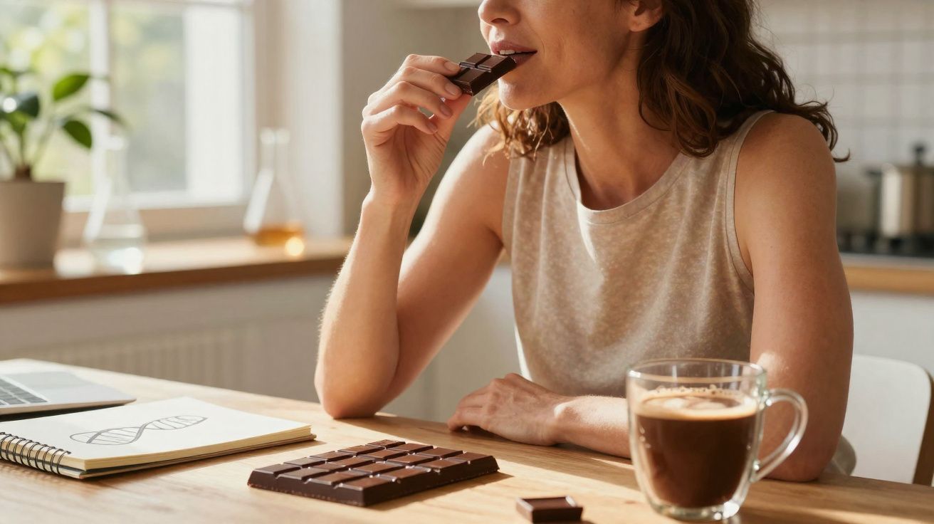 Mulher a comer chocolate sentado à mesa com chá e portátil numa cozinha iluminada.