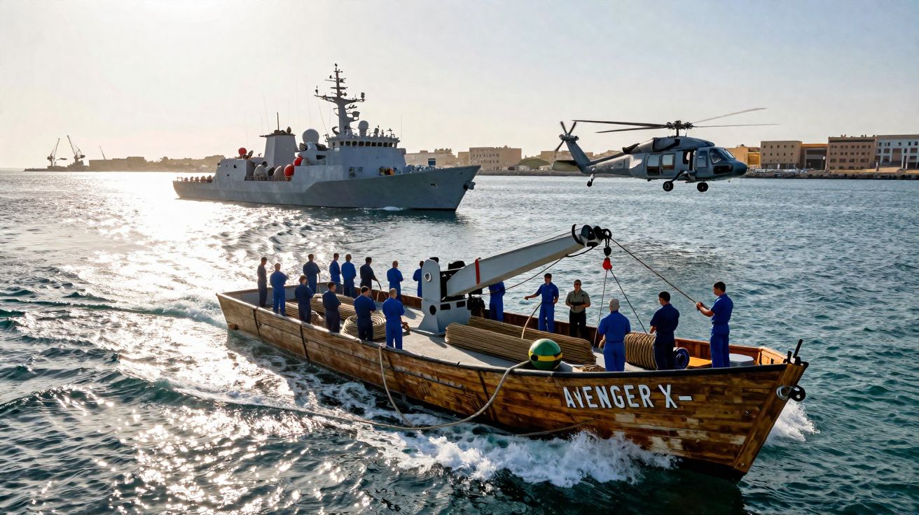 Barco de madeira Avenger X com tripulação, navio de guerra ao fundo e helicóptero no ar sobre o mar.