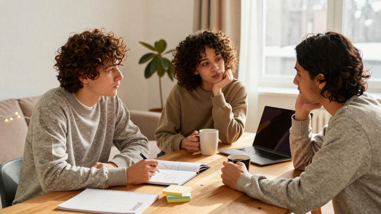 Três jovens sentados à mesa com cadernos, canecas e um portátil, numa reunião informal.