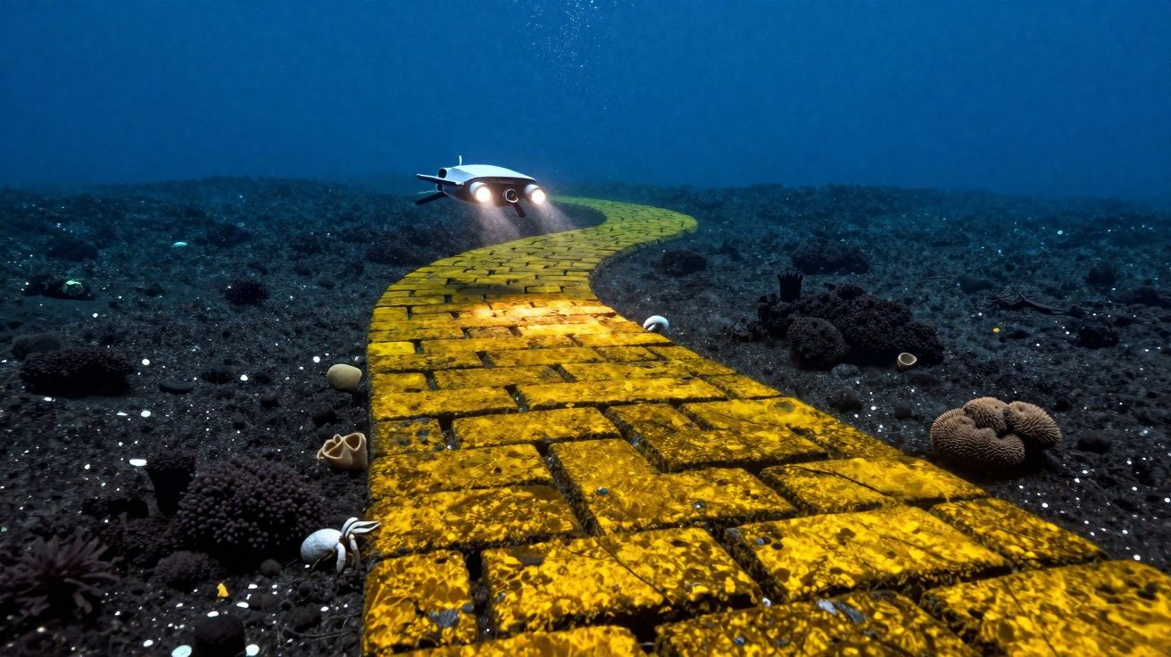Veículo subaquático a explorar caminho de tijolos amarelos no fundo do mar escuro.