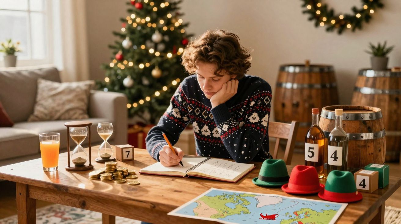 Jovem com camisola natalícia estuda numa mesa com mapamundi e decoração de Natal ao fundo.