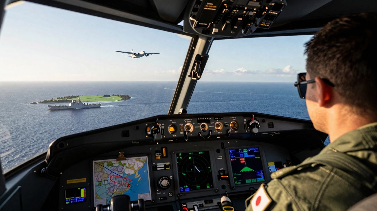 Piloto militar dentro de cockpit observa avião em voo próximo a navio e ilha no mar.