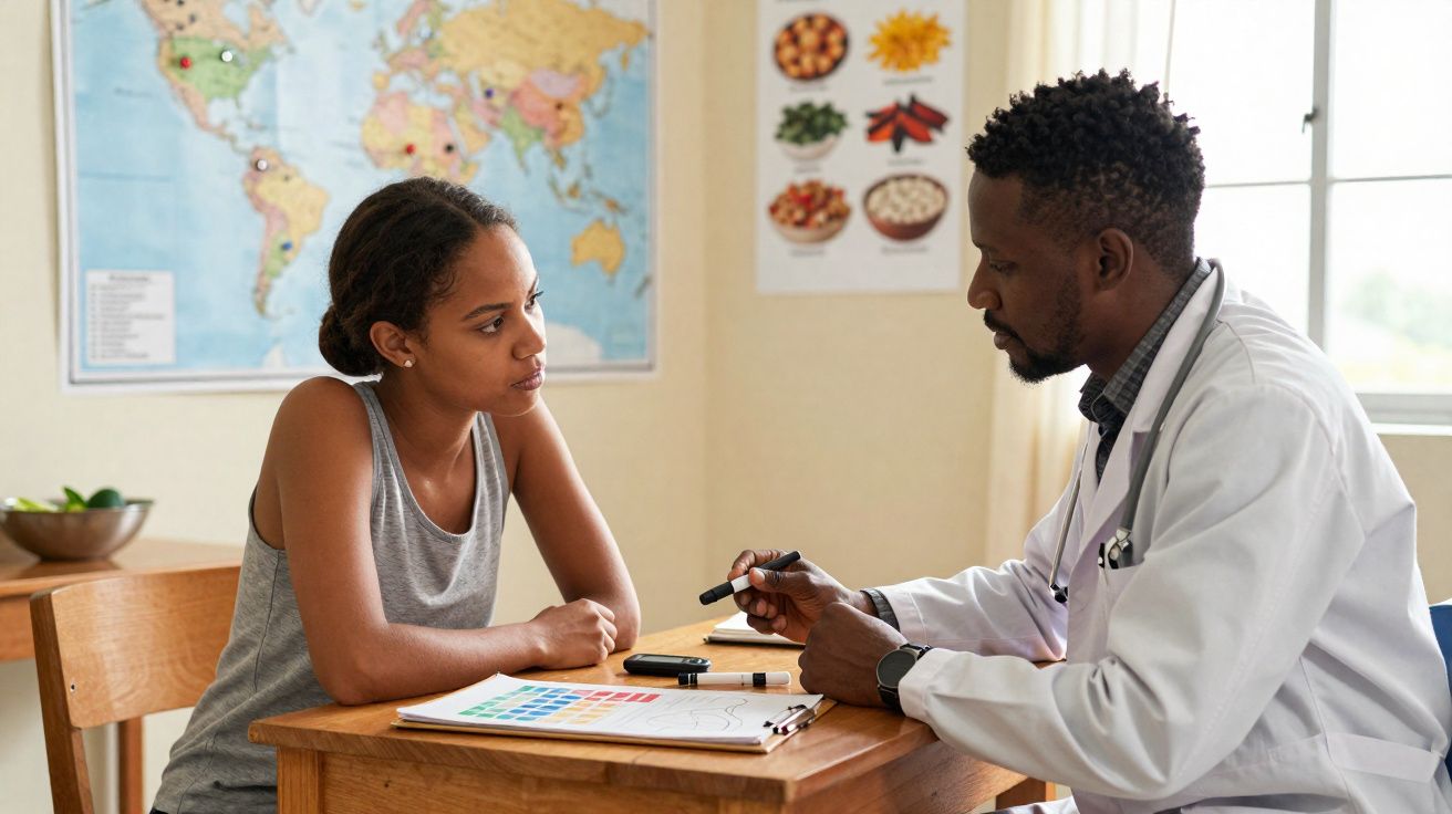 Médico a consultar paciente jovem numa sala com mapas e posters de alimentos na parede.