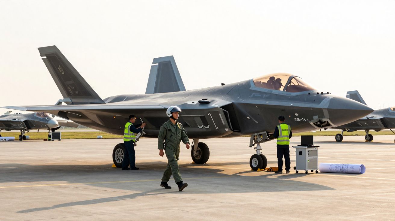 Avião de caça militar estacionado com piloto e técnicos a preparar no aeroporto.