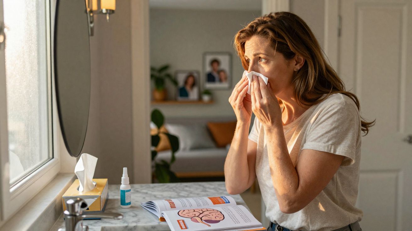 Mulher com ligeira expressão de mal-estar limpa o nariz com lenço ao lado de livro aberto sobre cérebro.