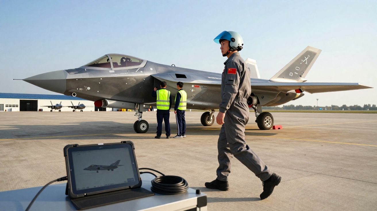 Militar de capacete azul caminha perto de jato militar cinzento numa pista de aeroporto com técnicos ao fundo.