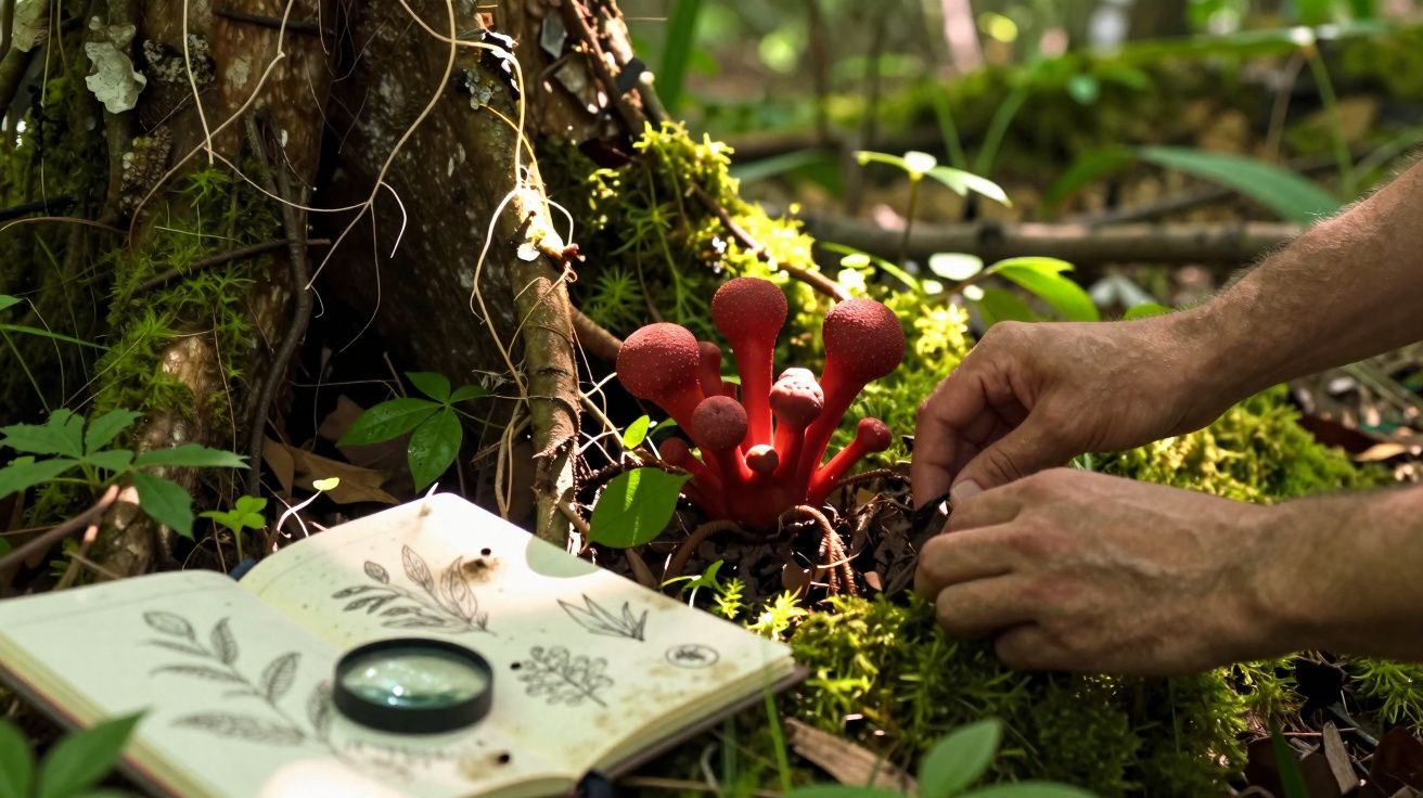 Mãos a examinar fungos vermelhos numa floresta, ao lado de um caderno com desenhos botânicos e uma lupa.