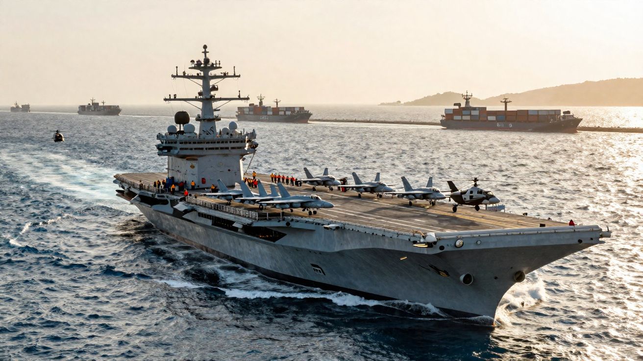Porta-aviões militar em alto mar com vários caças estacionados no convés e navios cargueiros ao fundo.