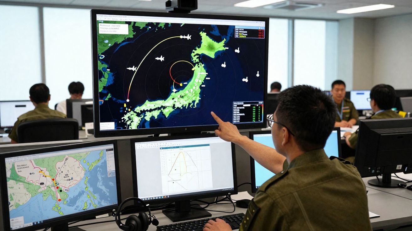 Soldado em uniforme militar aponta para ecrã com mapa e gráficos numa sala de controlo com outras pessoas.