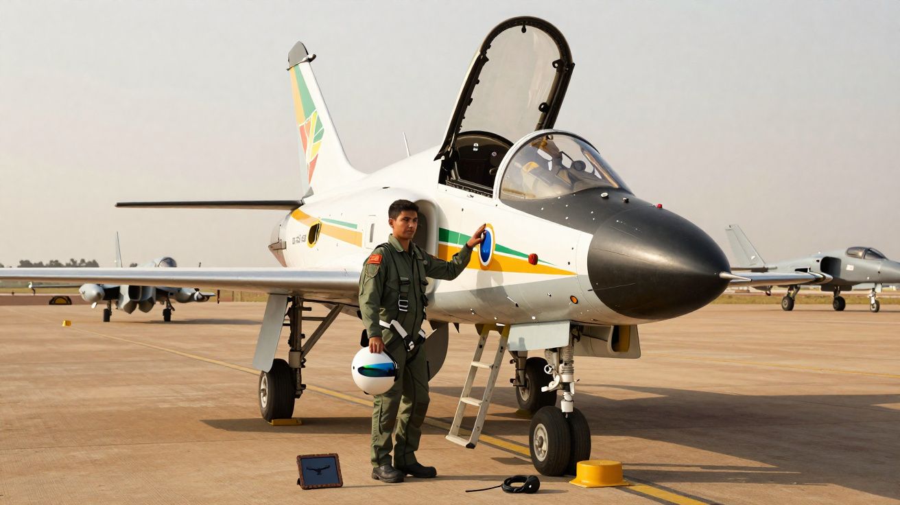 Piloto em fato verde com capacete na mão junto a avião militar branco no aeroporto durante o dia.