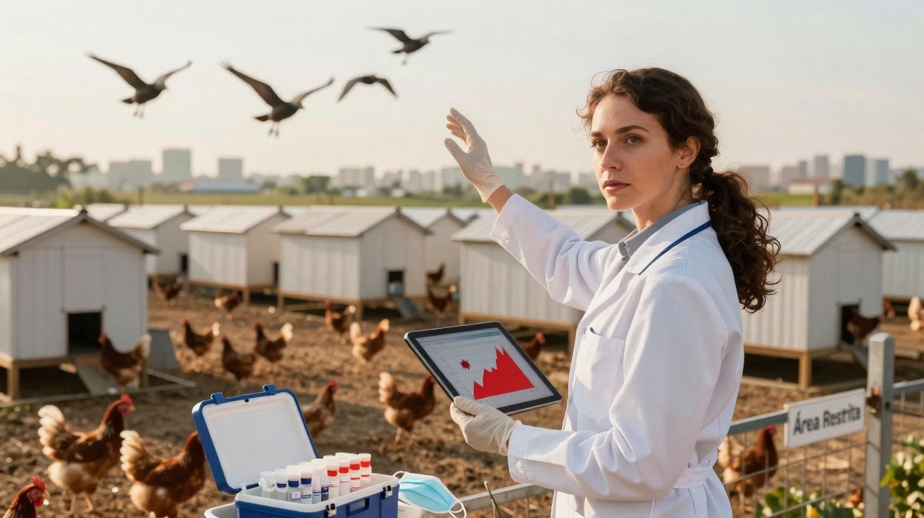 Mulher cientista numa quinta avícola com tablet e amostras, aves no chão e pássaros a voar ao fundo.