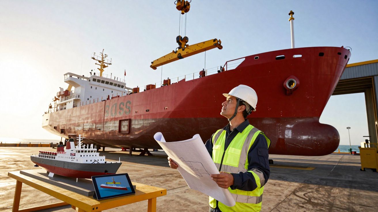 Engenheiro naval com capacete e colete refletor inspeciona plano junto a modelo e navio vermelho atracado no porto.