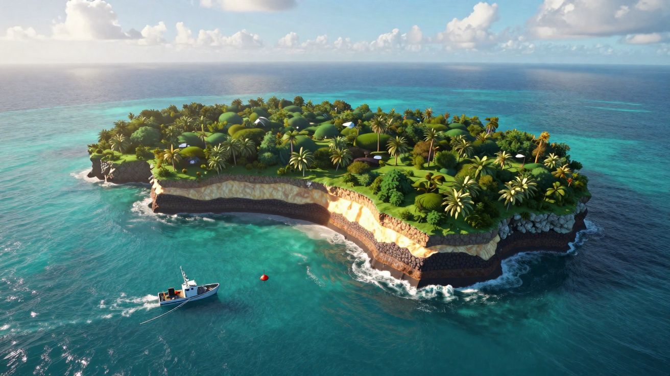 Ilha tropical rodeada de mar azul com vegetação densa e um barco próximo à costa rochosa.