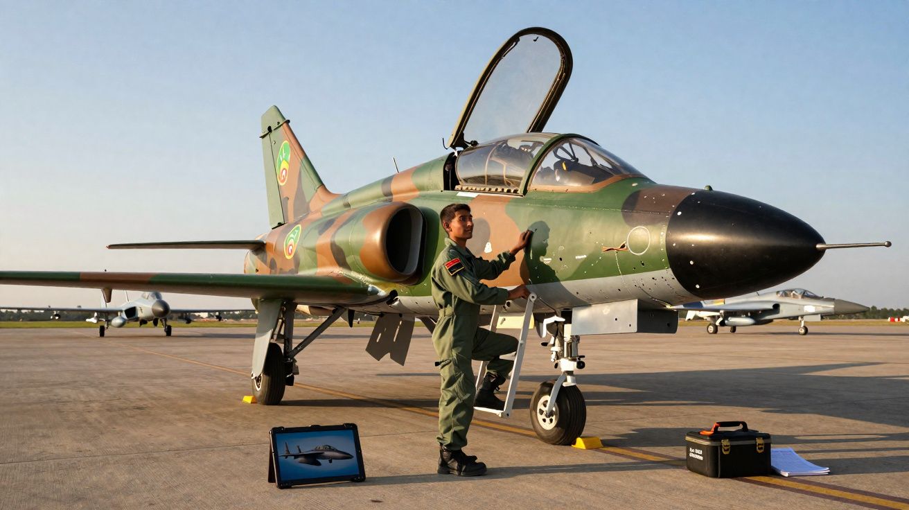 Piloto em fato verde junto a avião militar camuflado estacionado em pista de aeroporto ao entardecer.