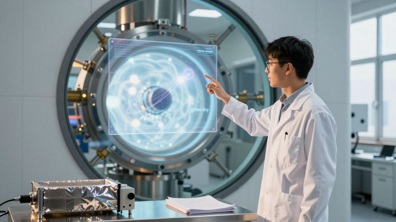 Cientista em bata branca interage com ecrã holográfico num laboratório tecnológico avançado.