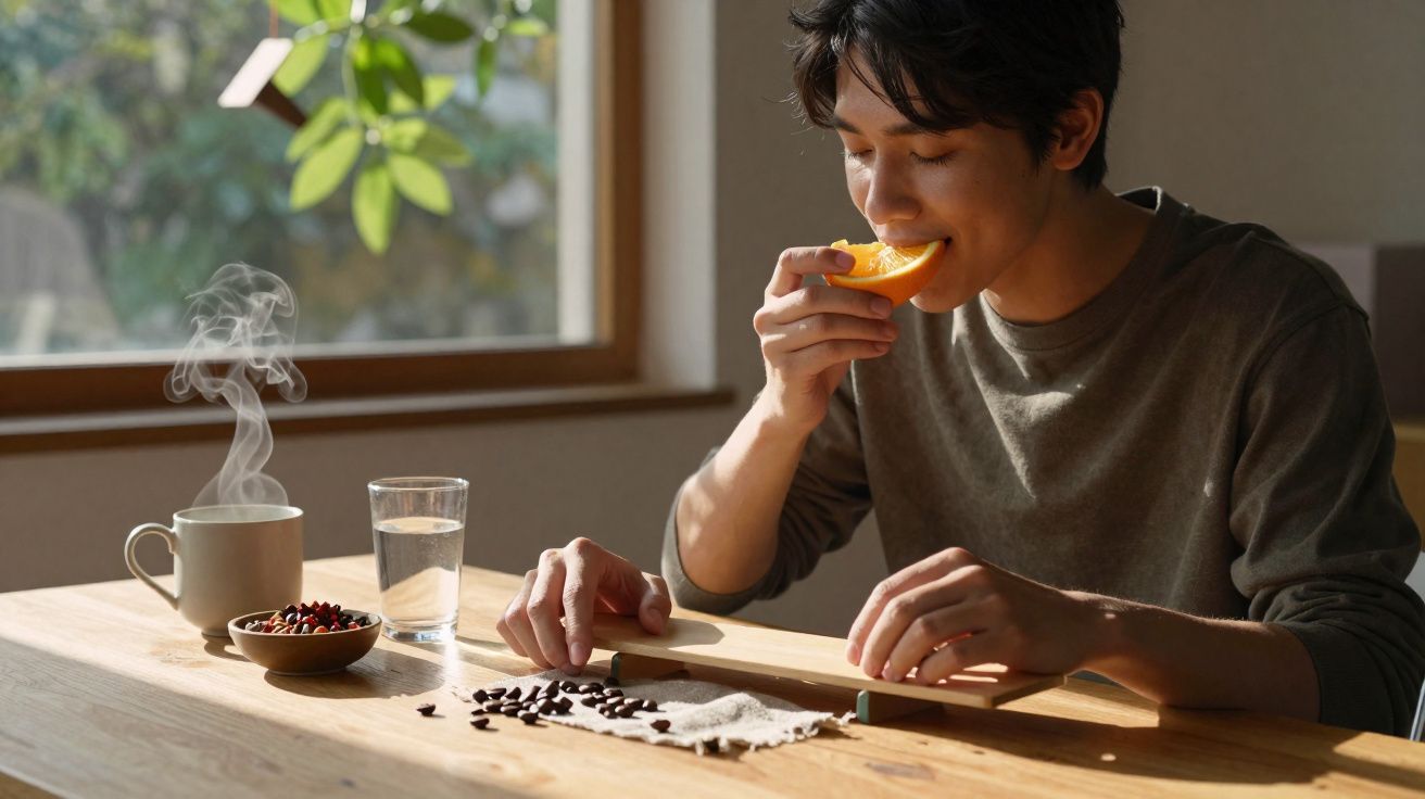 Jovem sentado a comer uma fatia de laranja ao lado de chá quente, copo de água e grãos numa mesa de madeira.