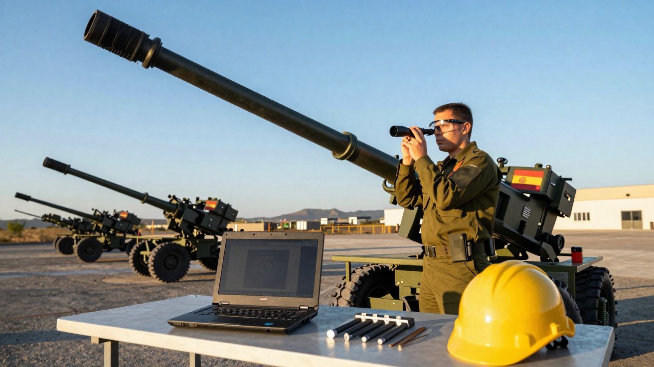 Militar observa com binóculos perto de obuses em treino militar ao ar livre com laptop e capacete à frente.