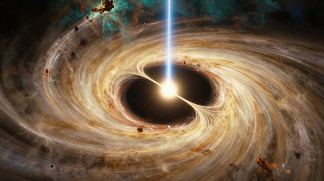 Buraco negro com disco de acreção brilhante e jato de energia emitido no centro do espaço profundo.