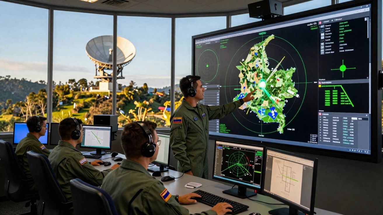 Equipe militar monitora mapa digital em grande ecrã numa sala de controlo com antena parabólica ao fundo.
