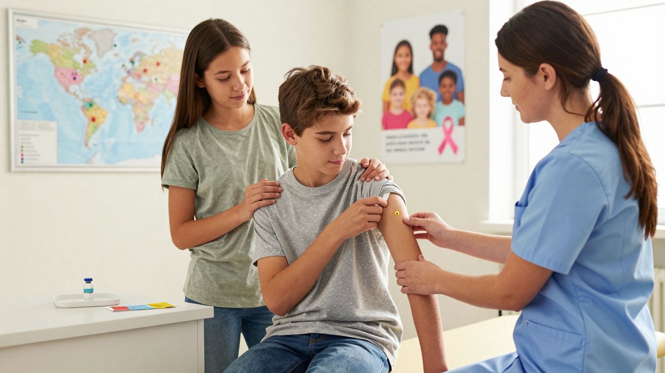 Criança a receber vacina no braço por médica, com outra criança a apoiar no consultório médico.
