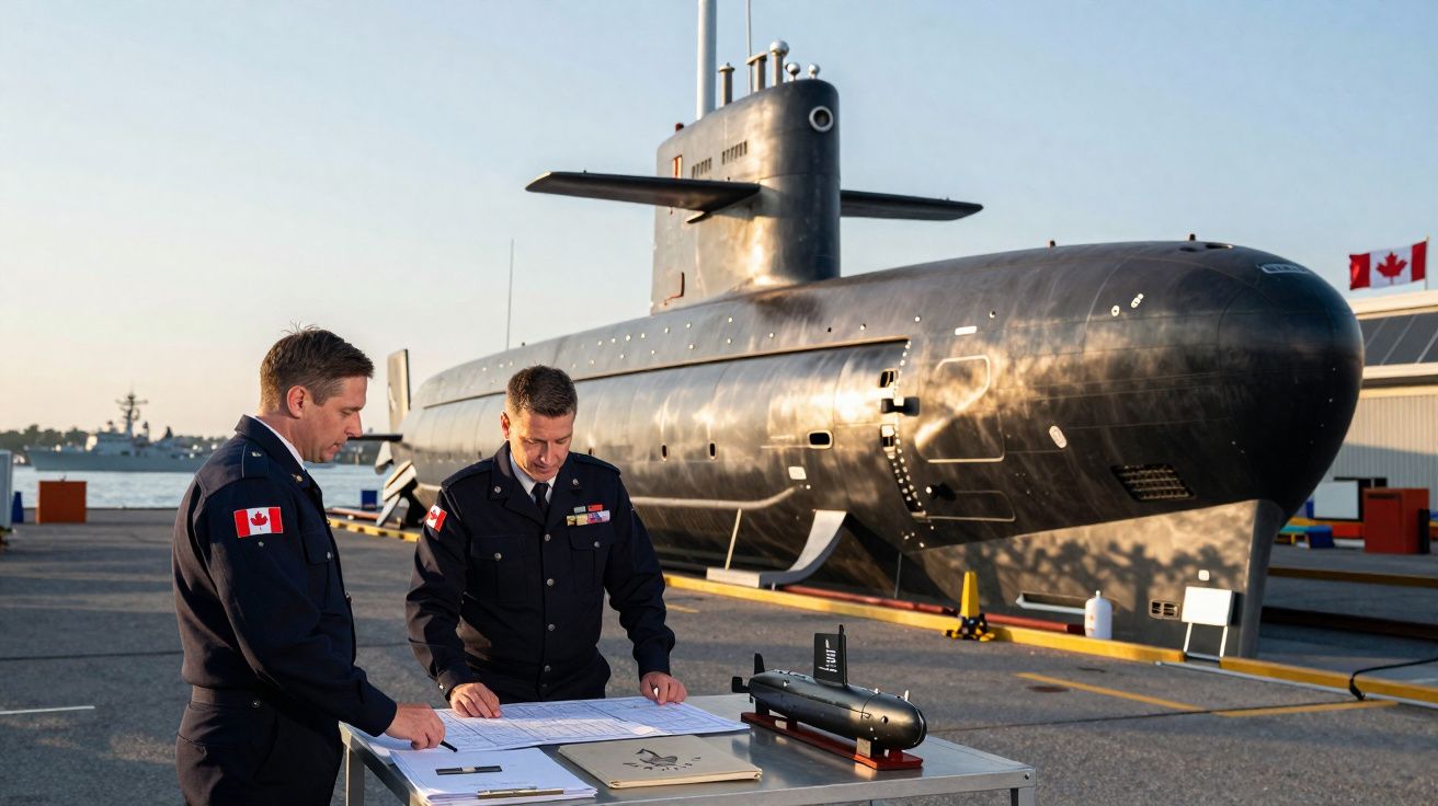Dois militares canadianos consultam documentos junto a um submarino atracado ao cais ao entardecer.
