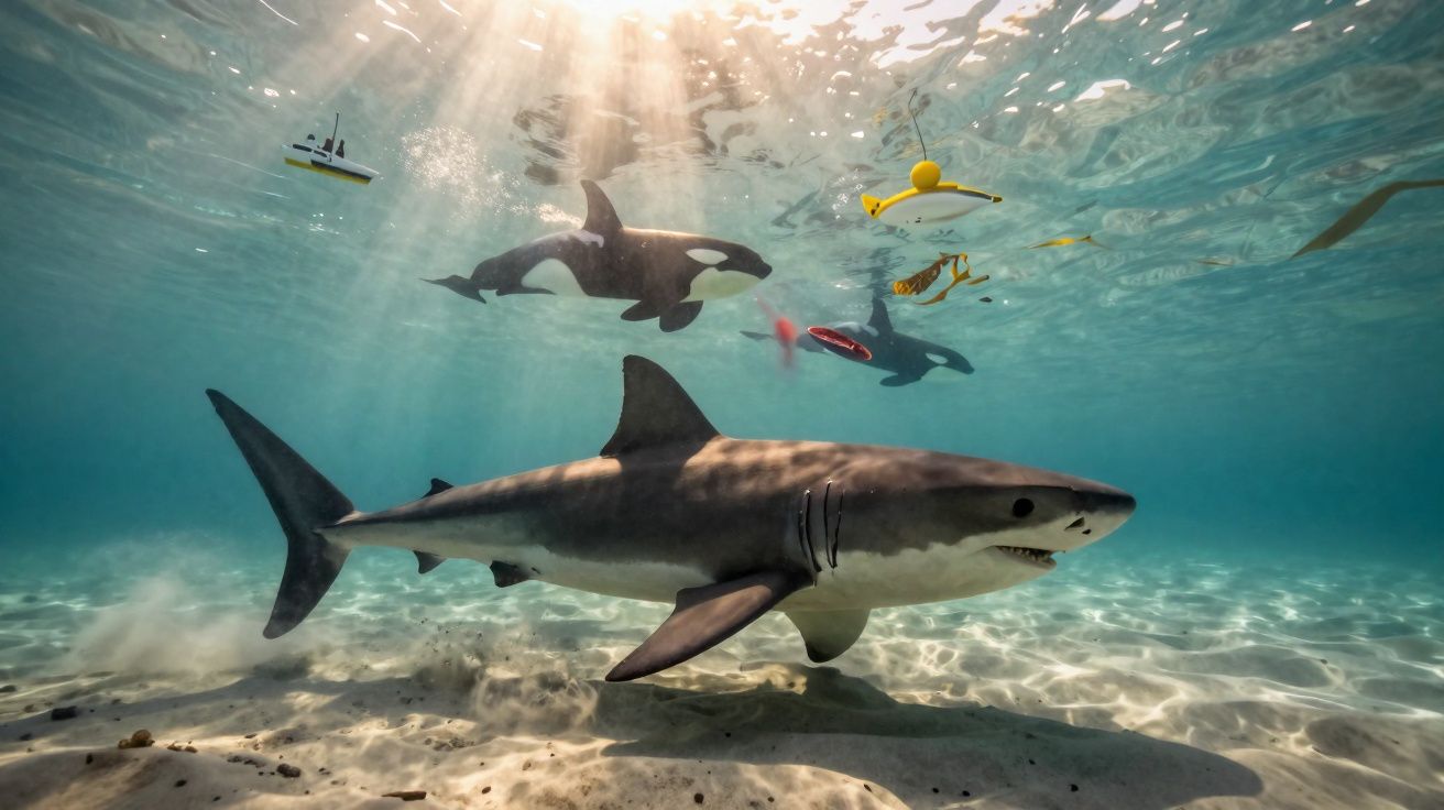 Tubarão e orcas nadam sob a superfície do mar com equipamentos e luz solar a penetrar na água.