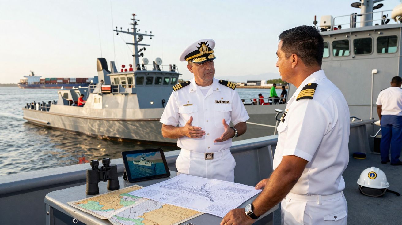 Dois oficiais navais discutem mapas e planos a bordo de um navio militar no porto.
