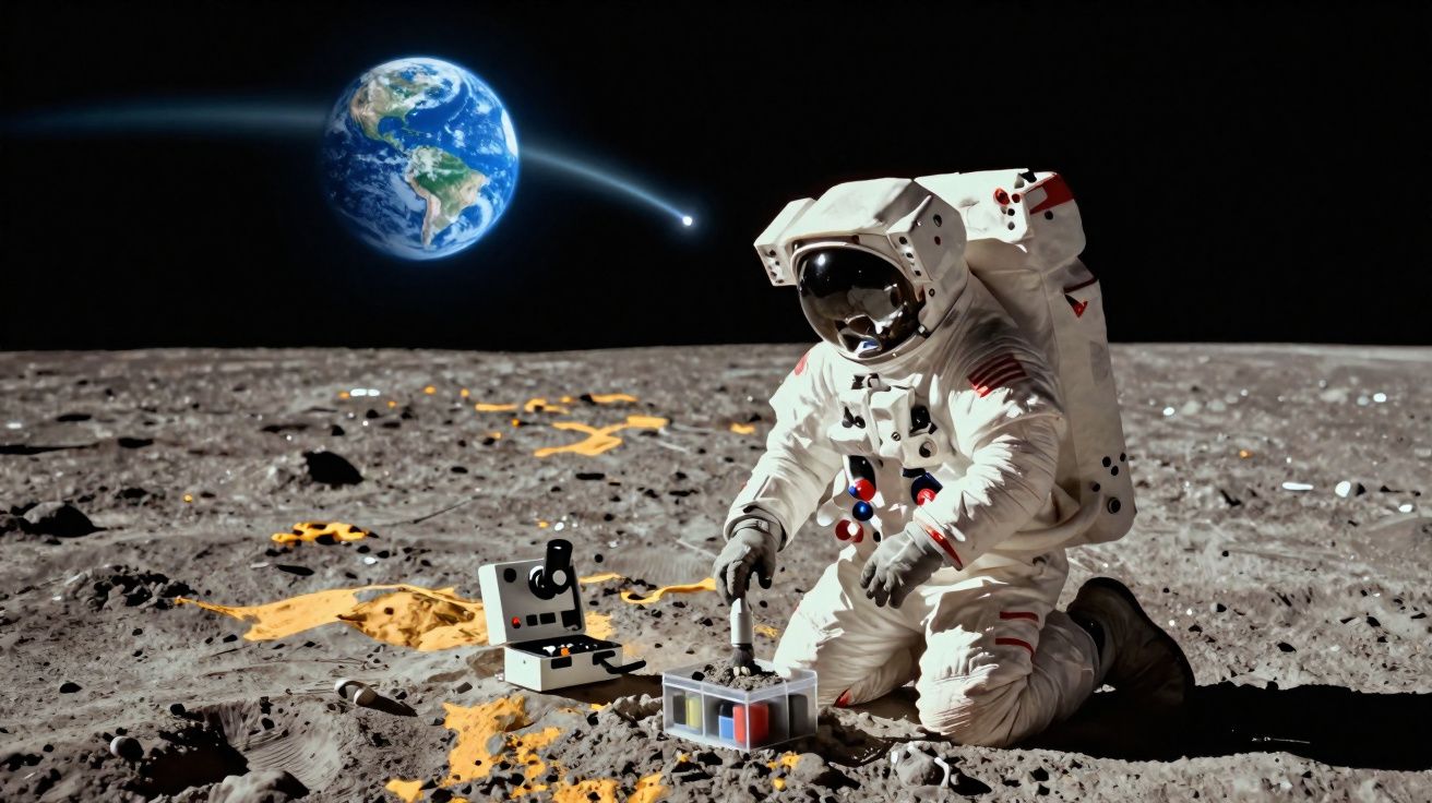 Astronauta em fato espacial branco a trabalhar na superfície lunar com a Terra visível ao fundo.