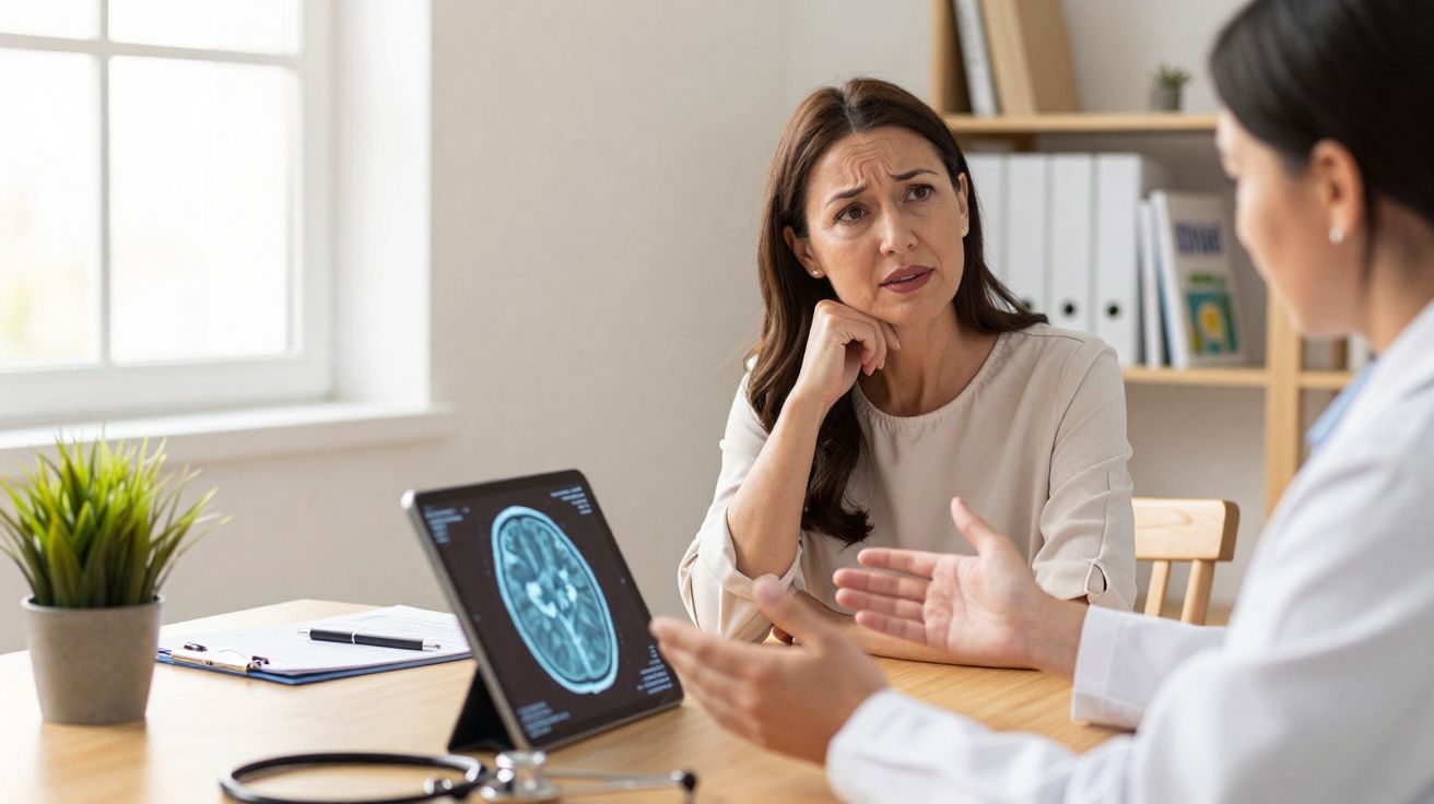 Mulher preocupada em consulta médica com neurologista, imagem de ressonância magnética cerebral visível no tablet.