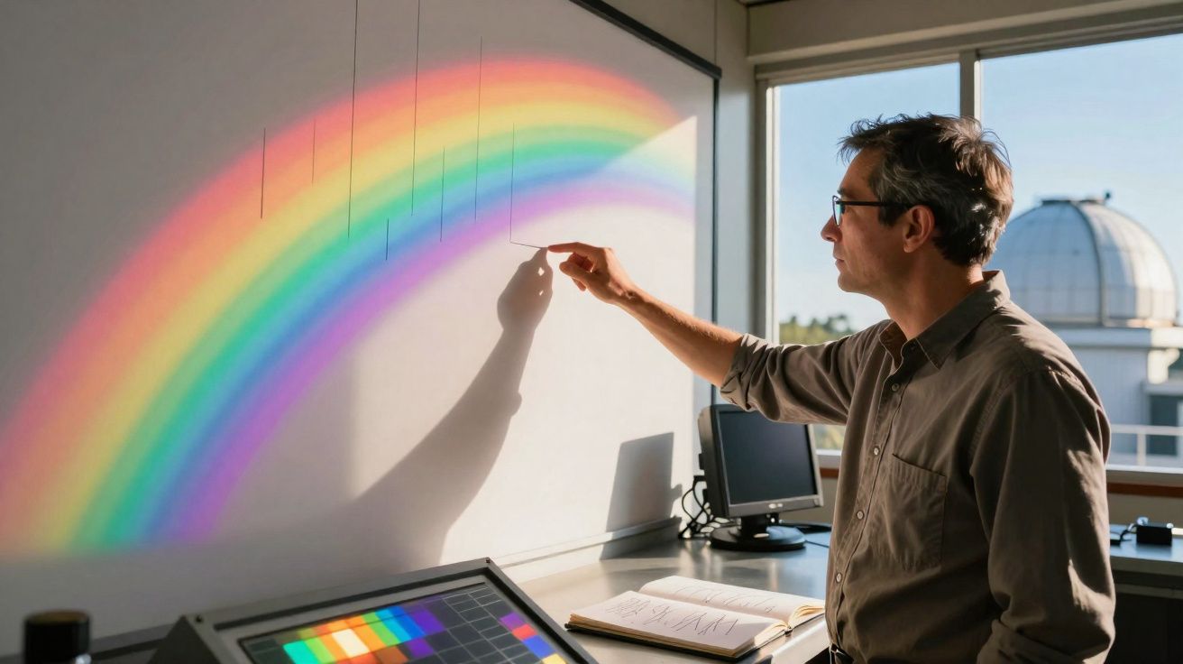 Homem em laboratório aponta para um prisma que projeta um arco-íris colorido numa parede branca.