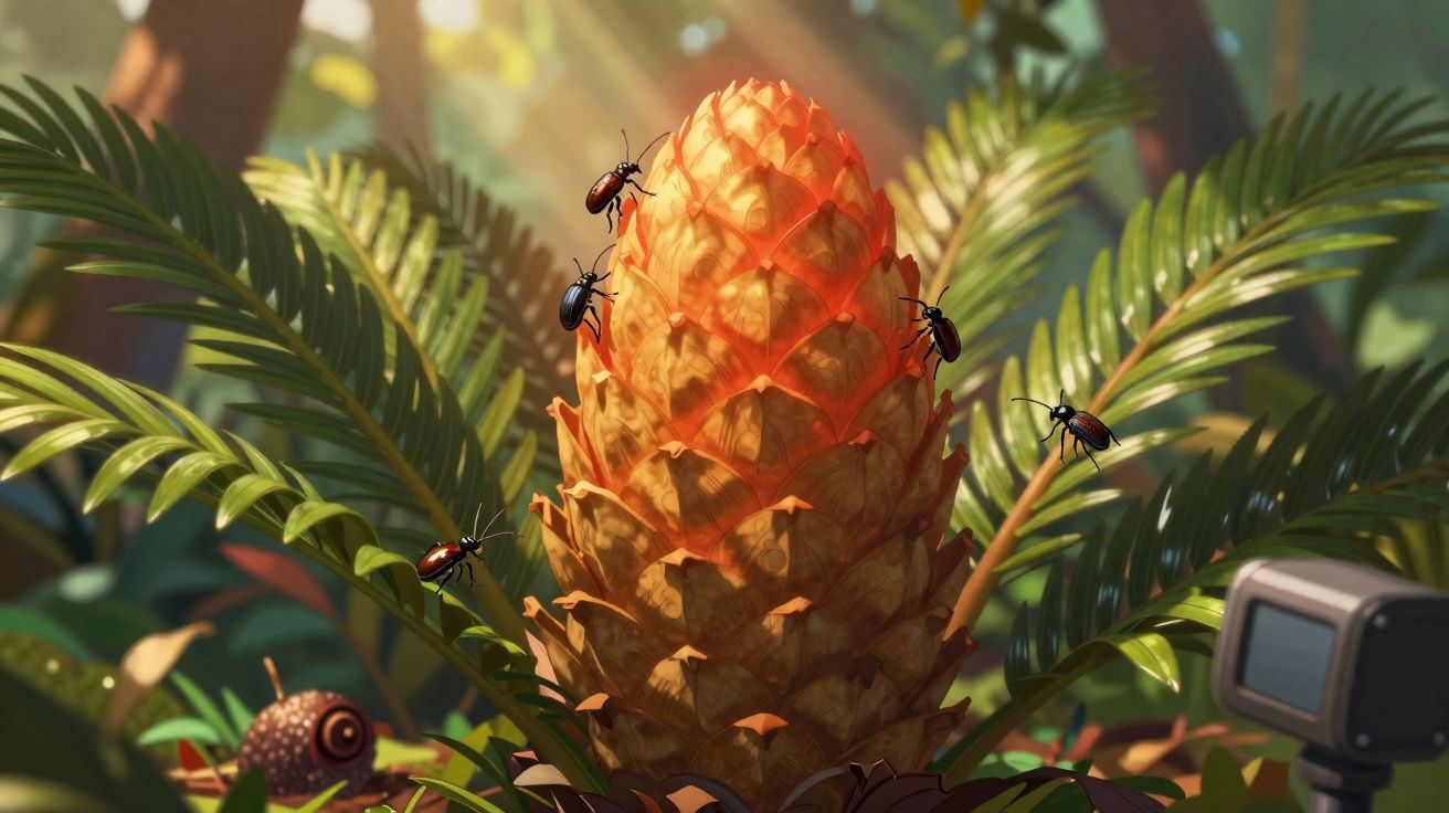 Cacho grande laranja rodeado de folhas verdes com vários insectos pretos e vermelhos a subir pela sua superfície.