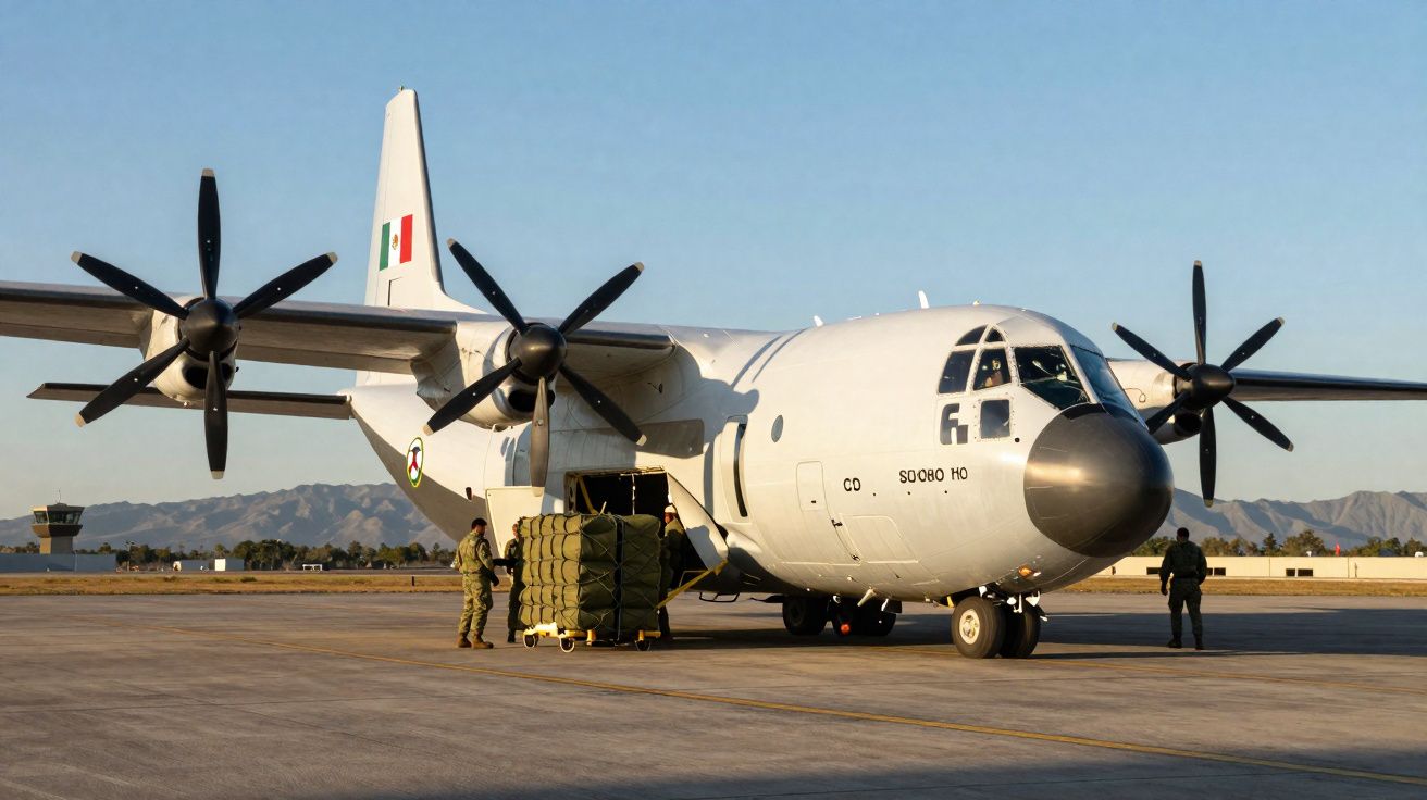 Avião militar branco com quatro hélices está estacionado numa pista, com soldados carregando equipamento.