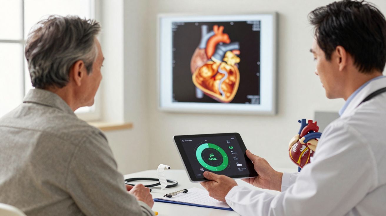 Médico a explicar diagnóstico cardíaco a paciente masculino usando tablet e imagem do coração na tela.