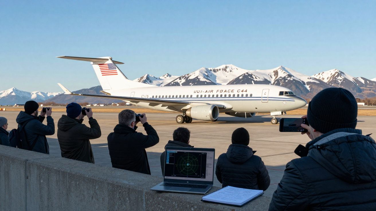 Avião militar estacionado com pessoas a fotografar e montanhas nevadas ao fundo.