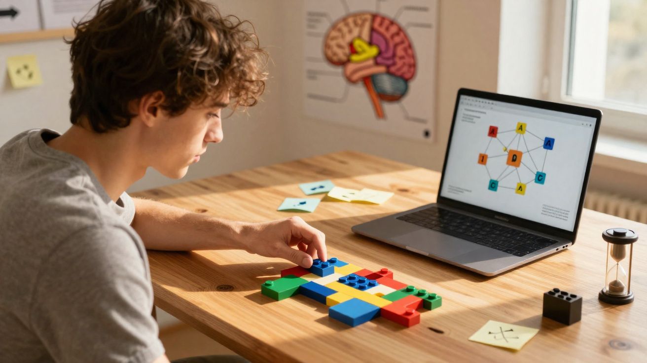 Rapaz a construir figura com blocos coloridos, com gráfico do cérebro no computador ao fundo.