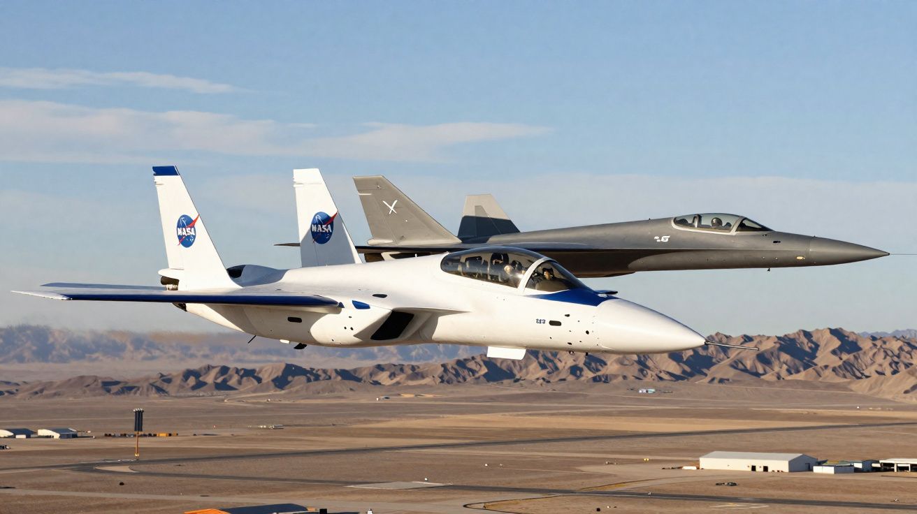 Dois aviões experimentais da NASA a voar em formação baixa sobre um deserto com montanhas ao fundo.